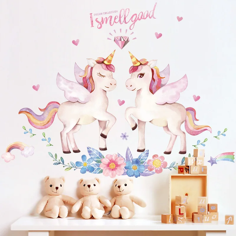 Cartoon Unicorn Wall Stickers Horse Pattern For Kids Room Decor Girls Bedroom Decoration Posters Cute Animals Wallpaper Stickers