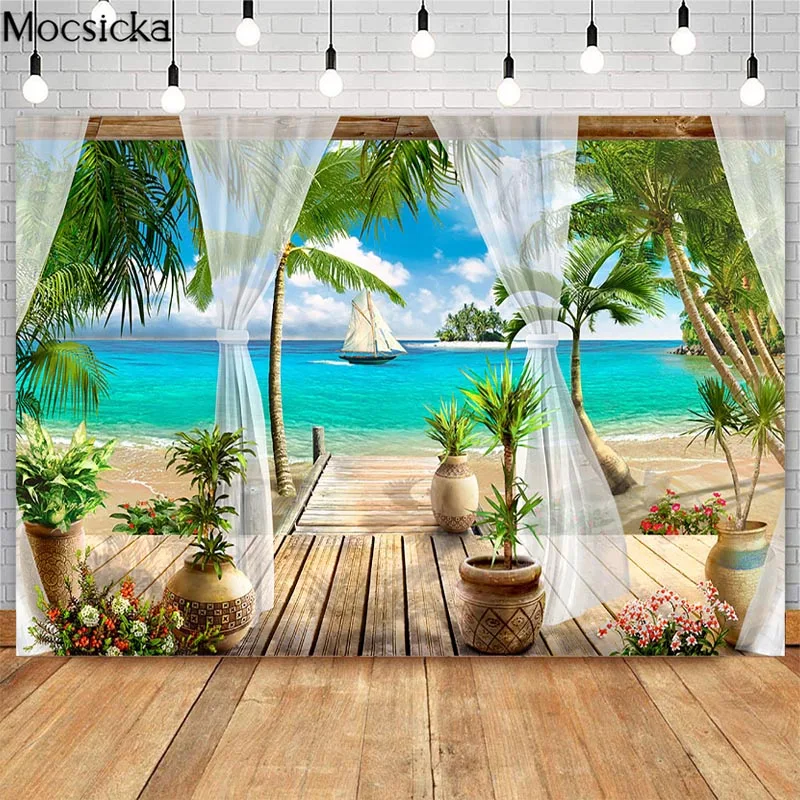 Tropikalna plaża tło liście palmowe Ocean wyspa nadmorski scena lato tło fotografii ślubnej Banner foto budka rekwizyty