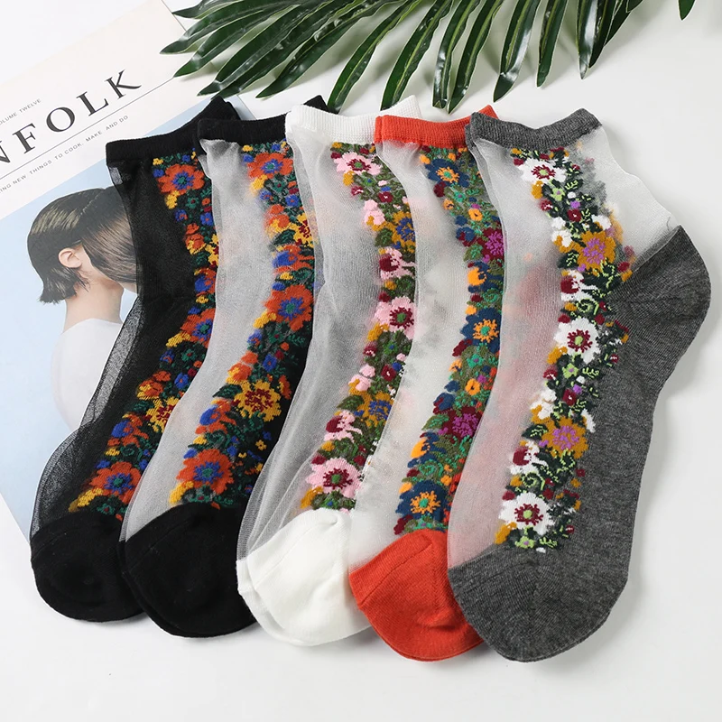 

5 Pairs/Lot National Style Summer Women Thin Socks Femme Colorful Daisy Flowers Tube Meias Female Breathable Cotton Short Bas