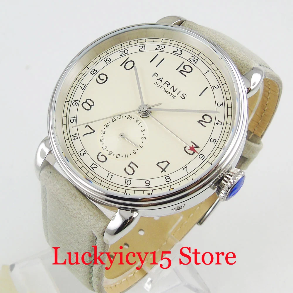 

4 Colors Round PARNIS 42mm Date 24 Hour Indicator Men Wristwatch Glass Leather Strap