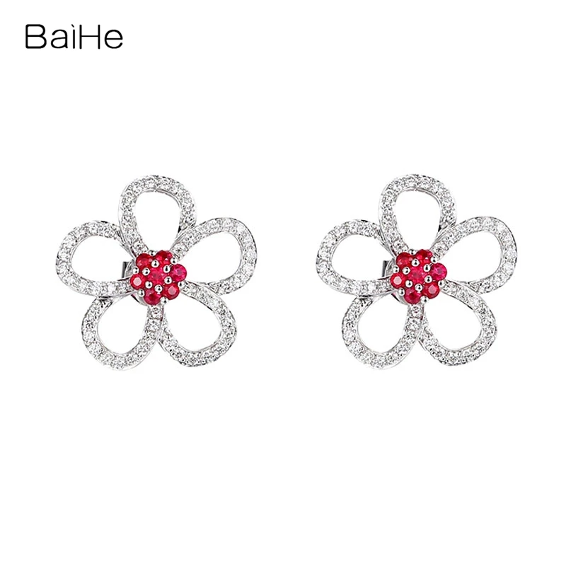 

BAIHE Solid 14K White Gold 0.20ct Natural Ruby Diamond Flower Stud Earrings Women Party Fine Jewelry Making Aretes de flores