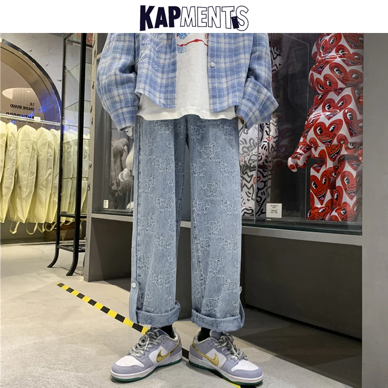 KAPMENTS Men Kawaii Cartoon Harajuku Jeans Pants 2023 Mens Japanese Streetwear Wide Leg Denim Trousers Male Baggy Korean Joggers