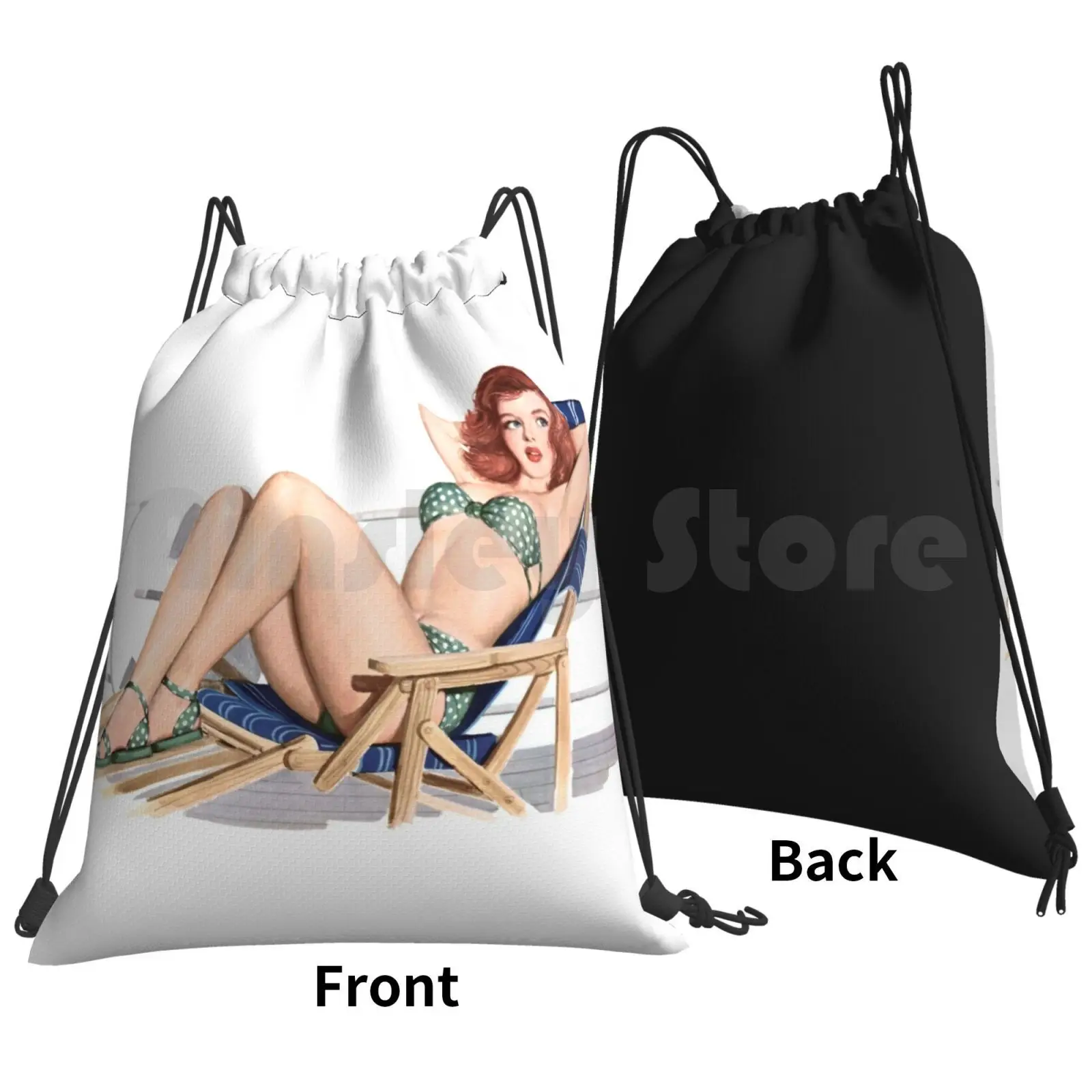 Sexy Redhead Pinup Girl In Bikini On Deck Chair Backpack Drawstring Bags Gym Bag Waterproof Pinup Girls Up Sexy Bikini