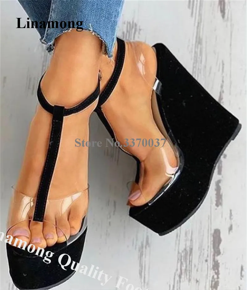 Linamong Western Fashion Clear PVC High Platform Wedge Sandals Black White Red T-strapTransparent Wedge Height Increased Shoes