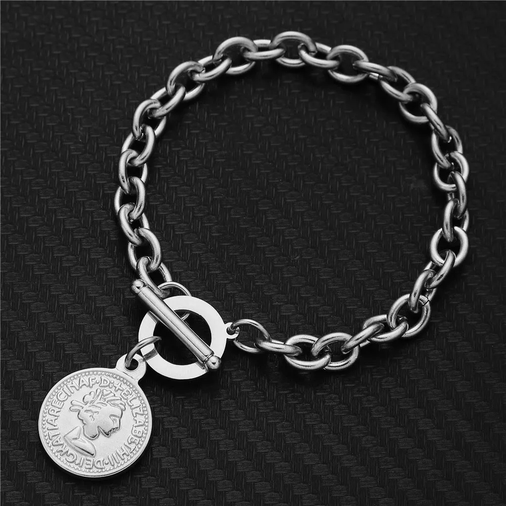 Vintage Stainless Steel Beauty Head Coin Charms Bracelets for Women OT Buckle Toggle Bracelet Hip Hop Jewelry Gifts
