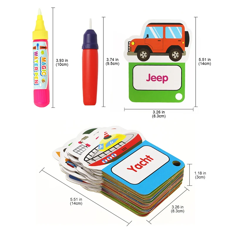 매직 워터 드로잉 카드 단어 플래시 카드, 어린이 교육 장난감, 물 그림 보드 색칠 장난감, 펜 2 개 포함, 4 가지 유형, 30 개