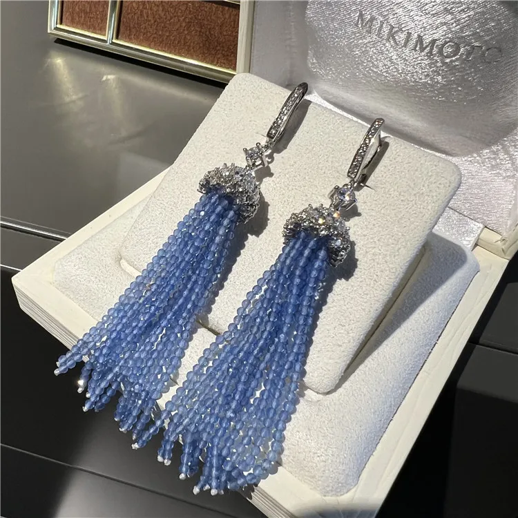 Nano stone long Tassel Earrings 925 Sterling Silver Earring