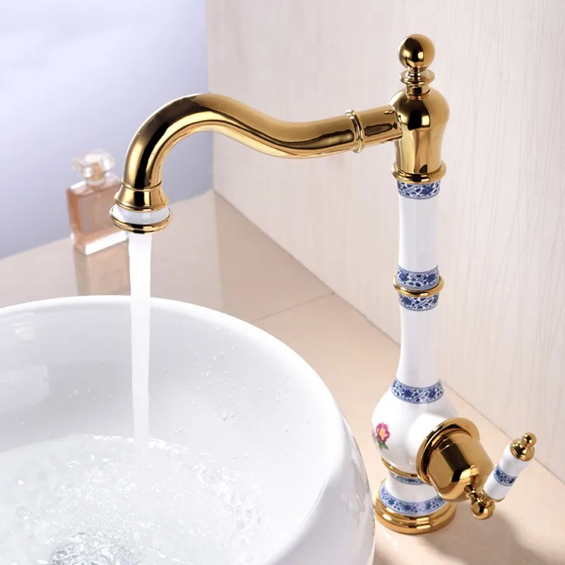 

European style Gold Bathroom sink faucet Luxury Tall basin Lavatory Faucet Hot and cold water Exquisite ceramics