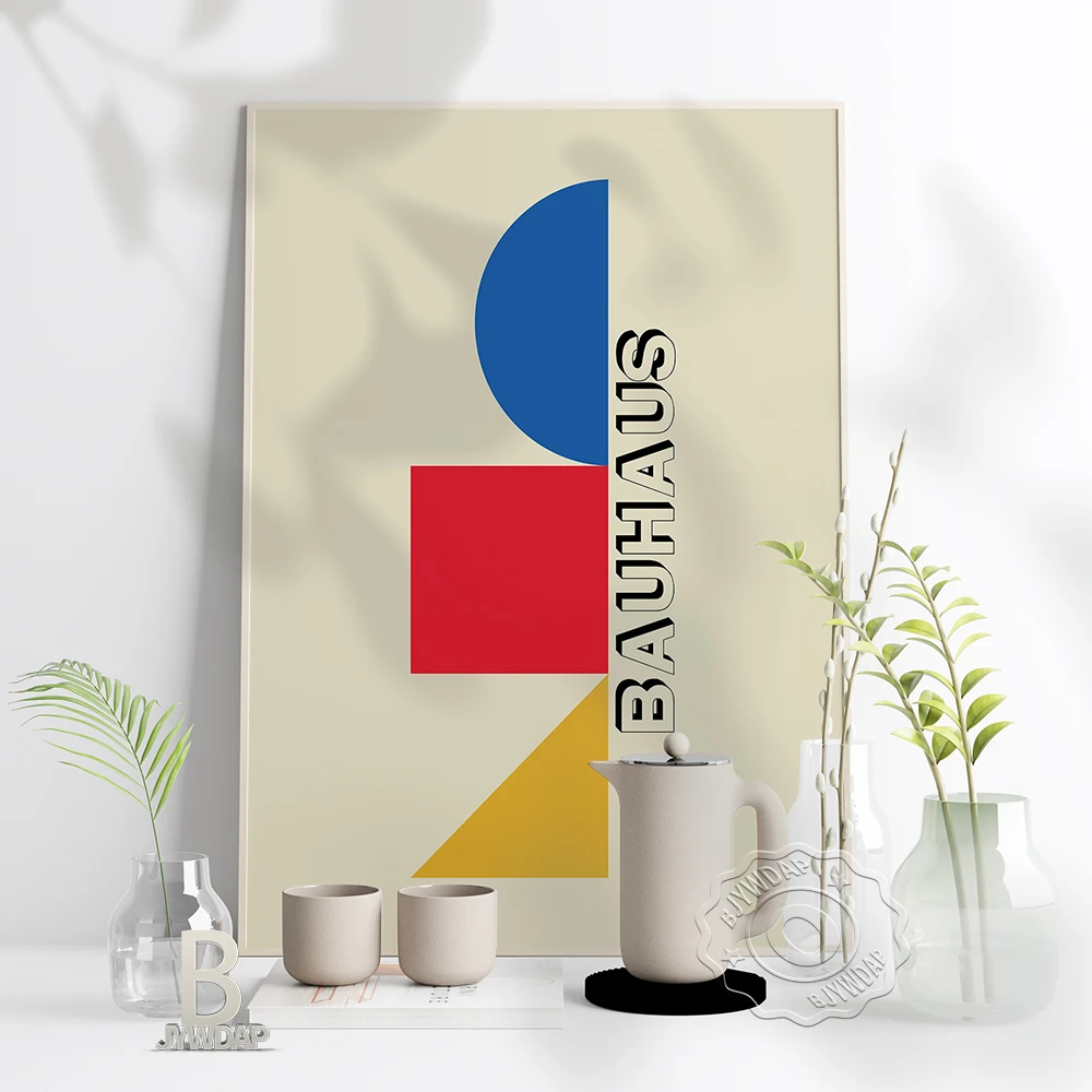 Bauhaus Red Yellow Blue Retro Poster, Geometric Shapes Modern Art Poster, Bauhaus German  Minimal Shape Wall Picture Home Decor