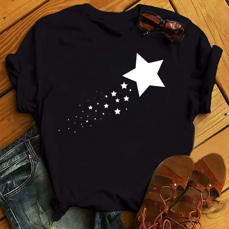 

Maycaur Woman Star Moon Print Harajuku Summer Tshirts Casual Round Neck Short Slee Top Tee Shirt Women Black T-shirt Drop Ship