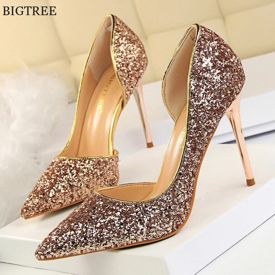 2024 Autumn New Wedding Women Pumps Fashion Plus Size 43 Sequined Cloth Side Hollow High Heels Shoes Ladies Slip On Dress Party