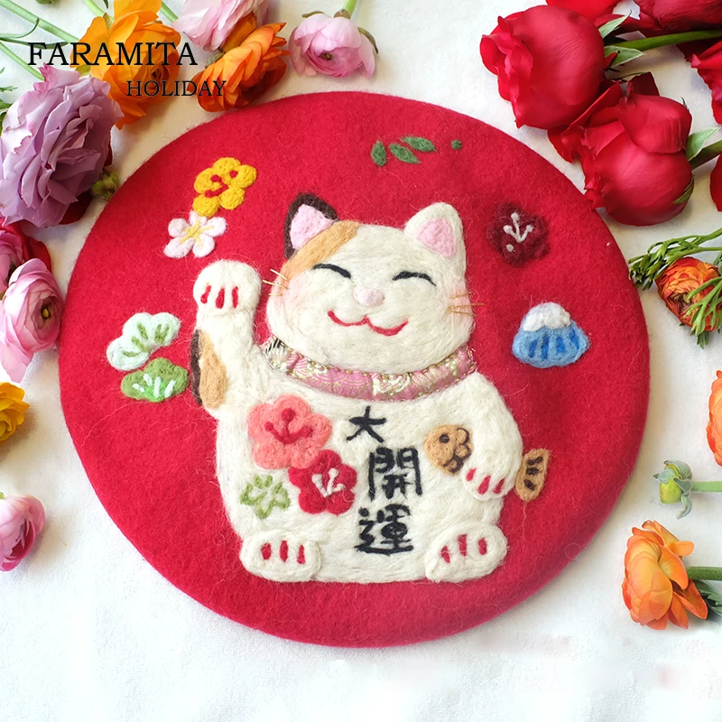 

Faramita Holiday Lucky Cat Women Mount Fuji Women Kids Manual Beret Painter Hats Red Berets 100% Wool Felt Lovely Hat Caps