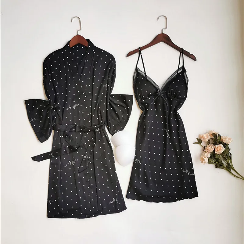 Polka Dot Female Robe Set Summer Sexy Strap Chest Pad Nightdress Cardigan Twinset Nightwear