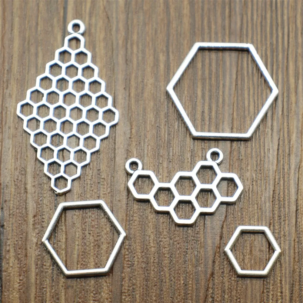 20pcs Charms Hexagonal Honeycomb DIY Jewelry Findings Antique Silver Color Bee Honeycomb Charms