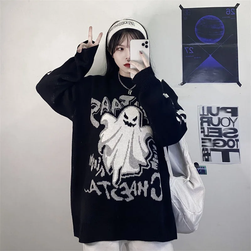 Ponadgabarytowy sweter z dzianiny z nadrukiem kreskówkowym, ciepły sweter na co dzień, sweter Horror, płaszcz vintage, wersja koreańska, moda na