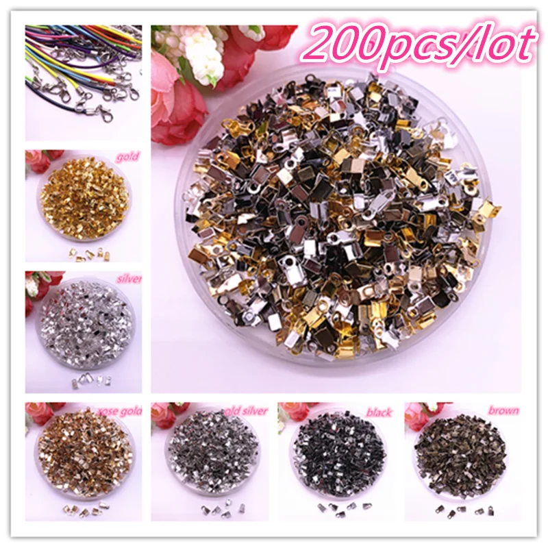 200Pcs 4x8mm 2x6mm Small Cord End Tip Fold Over Clasp Crimp Bead Connector DIY Jewelry Making