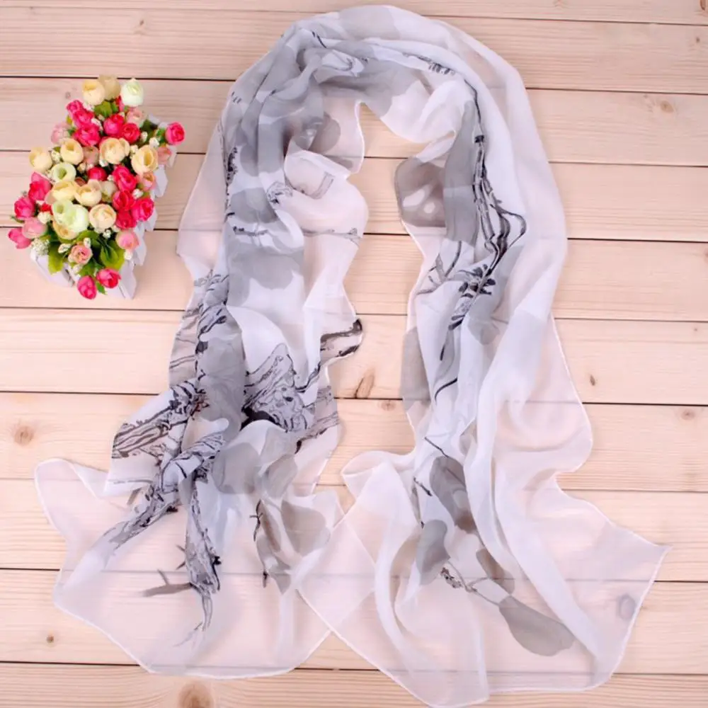 Women's Scarf Fashion Ink Painting Old Tree Floral Print Chiffon Thin Shawl Long Scarf hijab Wraps Female Foulard Hijab Stoles