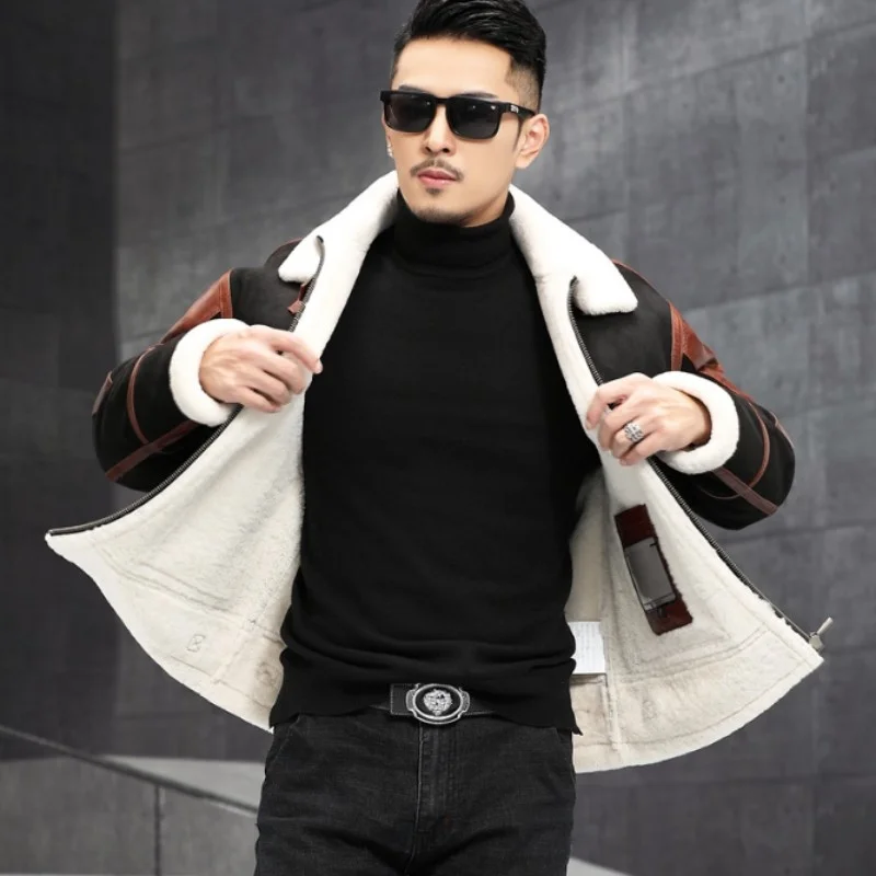 Genuine Mens Leather Shearling Coat Winter Thick Eco Real Fur Sheepskin Motorcycle Jacket Fashion Men Outerwear Streetwear 2022