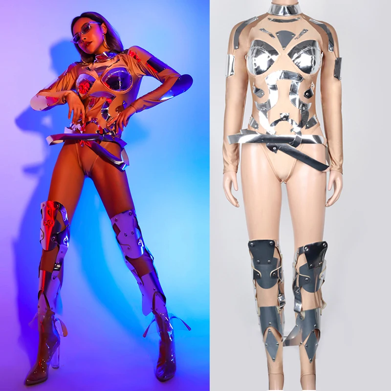 

Sexy Bodysuit Nightclub Bar Women Gogo Dance Costume Female Silver Jumpsuit Rave Wear Stage DJ Costumes Festival Outfit SL3870