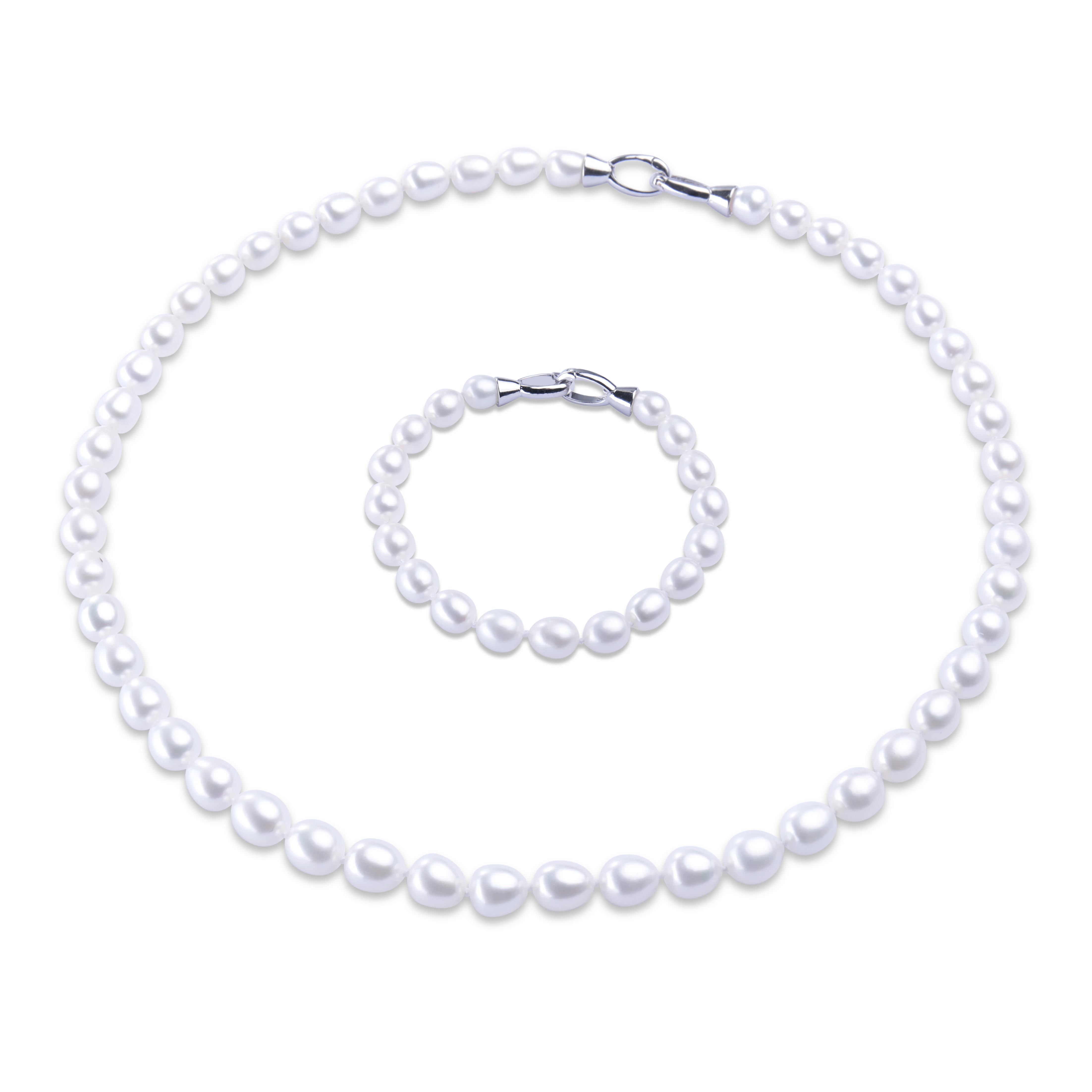 

Dainashi New Charming 7-8mm Natural Freshwater White Pearl With Hollow Clasp Elegant Bracelet&Necklace Jewelry Set For Women