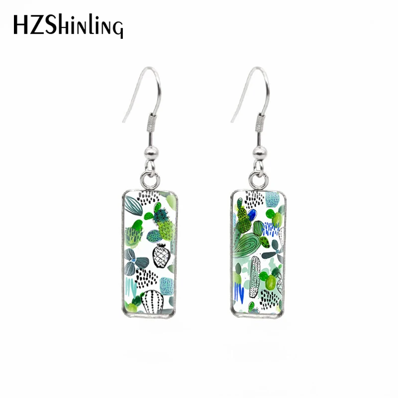 2021 New Colorful Succulent Rectangular Earring Cactus Painting Fish Hook Earring Glass Cabochon Handmade Jewelry