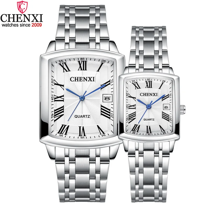 Relojes de pareja cuadrados plateados para hombres y mujeres, reloj de amante informal elegante y romántico, reloj de regalo impermeable de acero