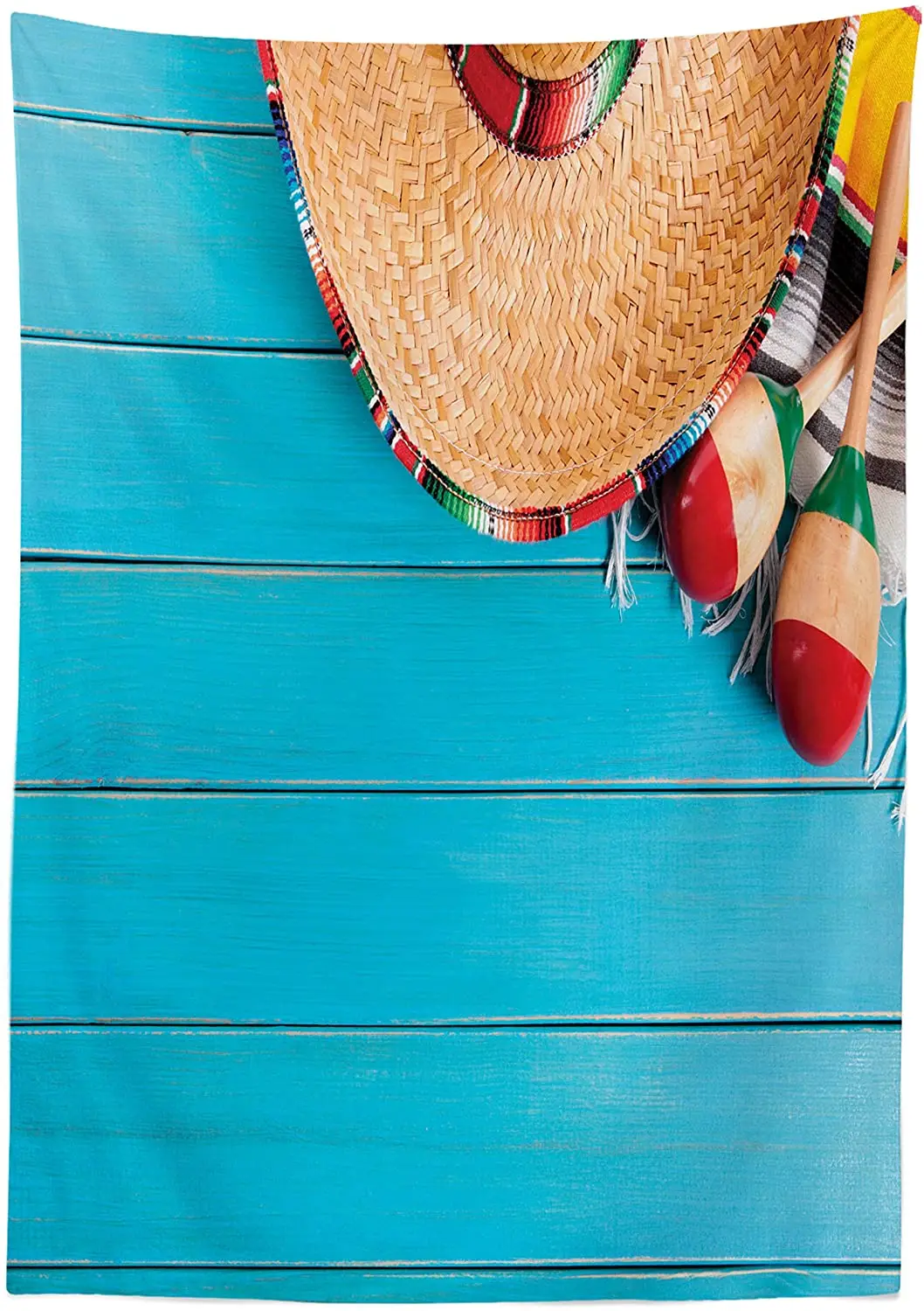 Design Mexican Tablecloth Native Latin Sombrero and Maracas on Wood Mexican Inspired Background Custom Table Cover