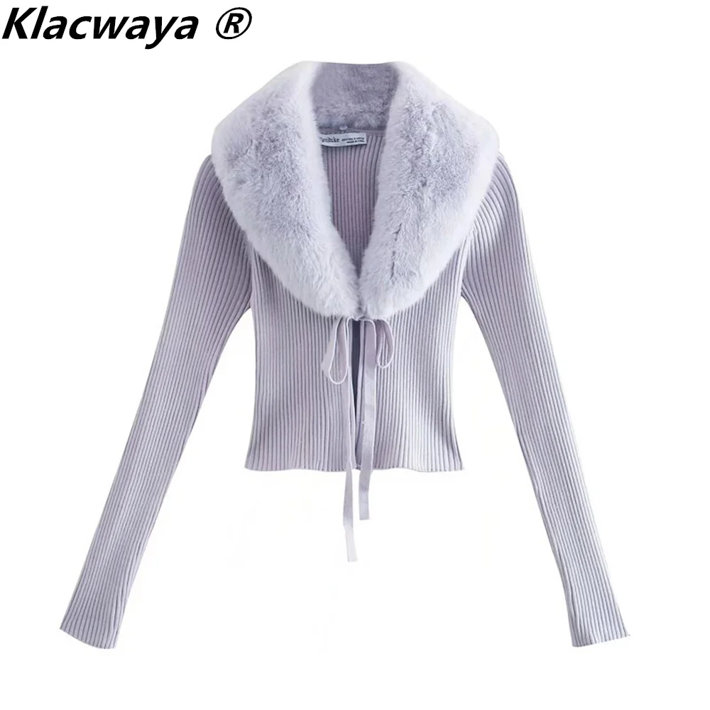 Klacwaya Cardigans For Women 2021 Vintage Faux Fur Effect Fur Collar Knitted Sweater Long Sleeve Top Blue Sweater Knit Cardigan