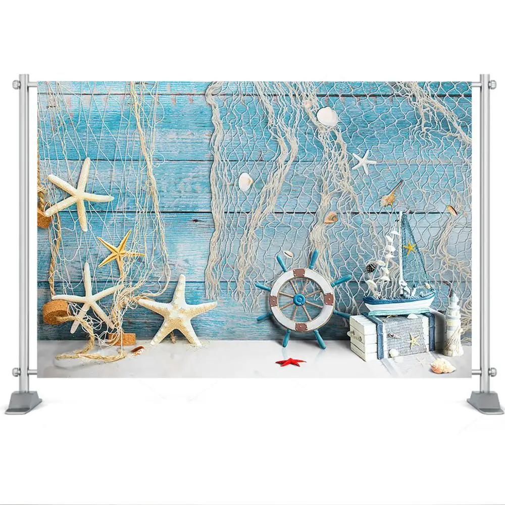 Toile de fond de photographie de marin, gouvernail nautique, étoile de mer, planche d'attelle en bois bleu, toile de fond de portrait de bébé, accessoire de séance photo Cake Smash