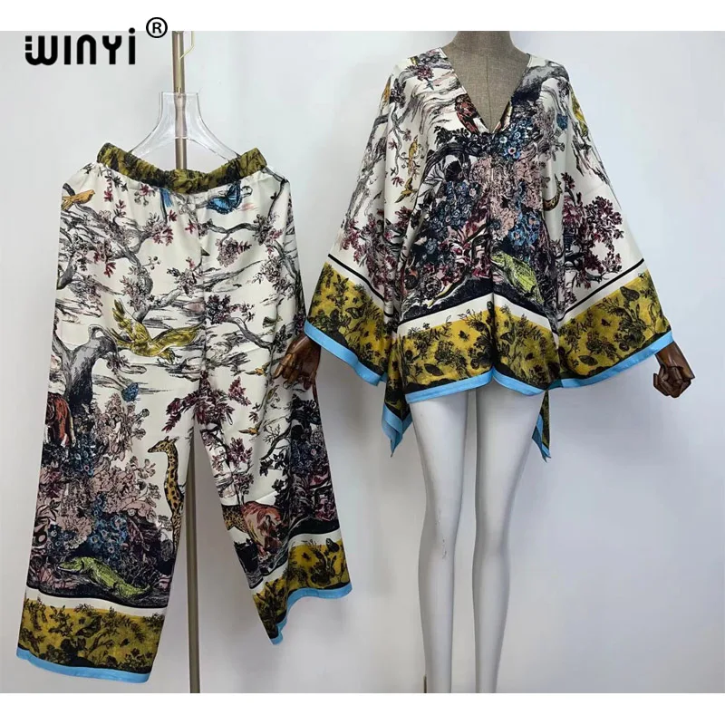 2021 Two-piece suit, trousers and jacket Over Size  Batwing Sleeve Star Dress Women Elastic Silk Floor Length New Fashion Tide