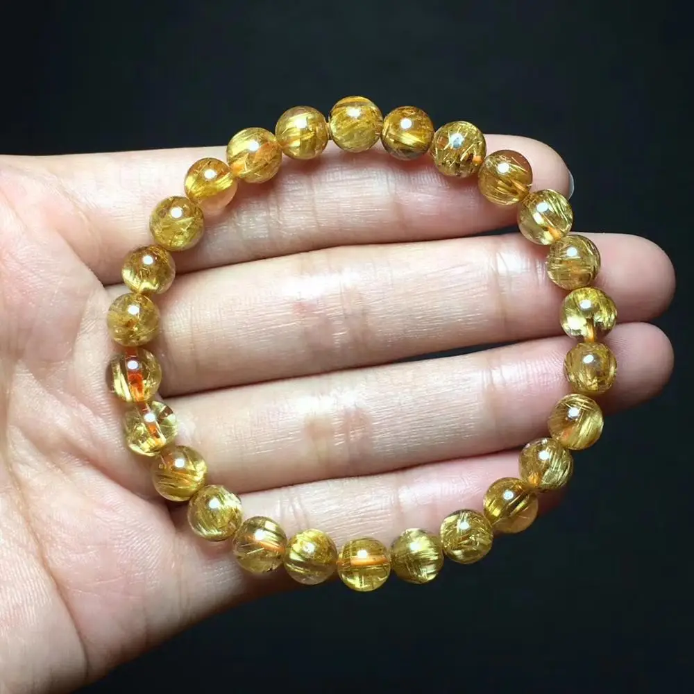 7mm Natural Gold Rutilated Quartz Bracelet Jewelry For Women Men Round Beads Wealth Brazil Crystal Stone Stretch Strands AAAAA