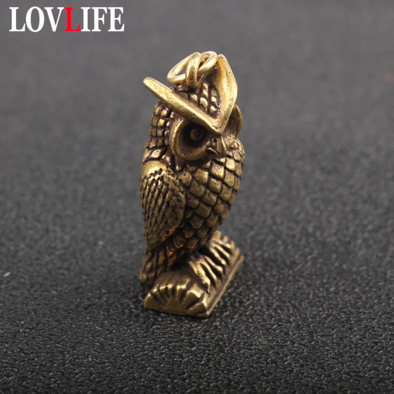 Pure Copper Cute Owl Key Chain Rings Pendant Trinket Retro Brass Animal Figure Car Keychain Hanging Jewelry Children Friend Gift