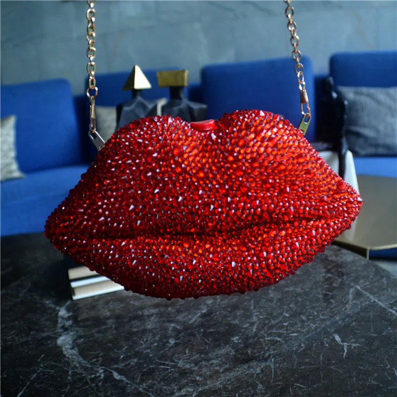 Luxury Red Lip Handmade Diamond Evening Bag For Women 2021 Wedding Bride Clutch Zero Wallet Cocktail Dinner Party Prom Handbag