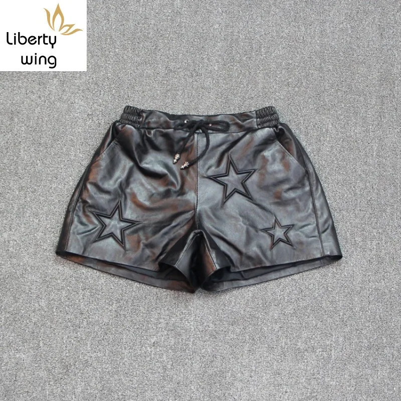 

2020 New Star Printed Womens Shorts Casual Elastic Waist Wide Leg Streetwear Black Genuine Leather Punk Female Short Trousers