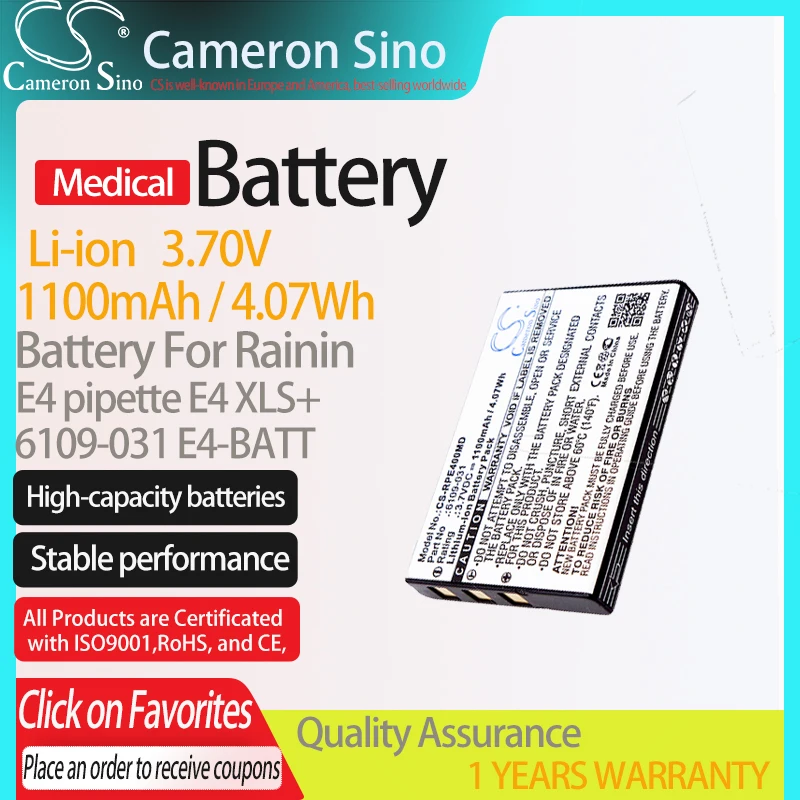 CameronSino Battery for Rainin E4 pipette E4 XLS+ fits Rainin 6109-031 E4-BATT Medical Replacement battery 1100mAh/4.07Wh 3.70V