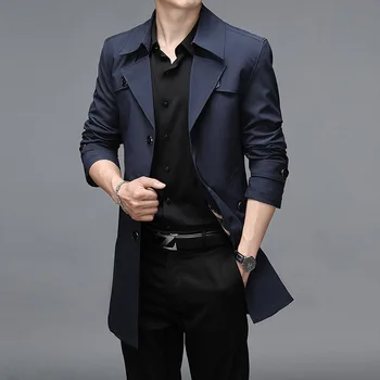 Men's Long Button Trench Coat 5 Men Long Trench Coats Hight Quality Button Windbreaker Mens Fashion Turn Down Collar Solid Trench Outerwear Jackets Plus Size 5