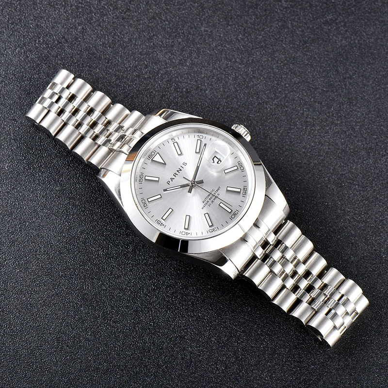 New Parnis 39.5mm Silver Case Automatic Mechanical Men's Watches Stainless Steel Case Men Sports waterproof Watch reloj hombre