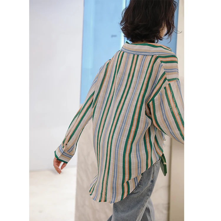 CHEERART Chiffon Striped Button Up Collared Shirt For Women Long Sleeve Top And Blouses Red Green Casual Loose Shirt