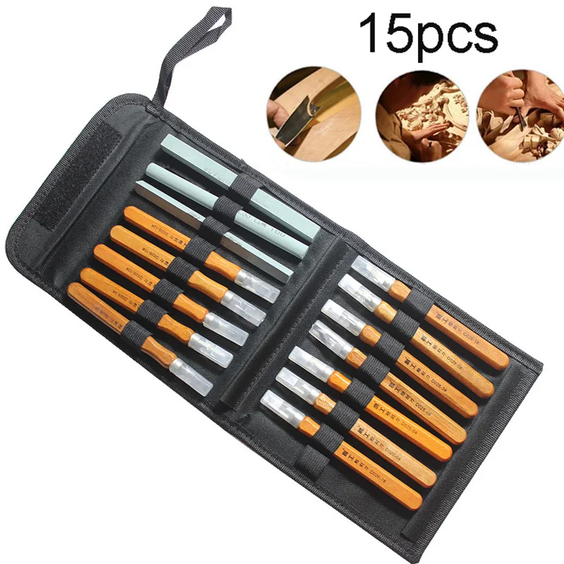 15pcs Professional Woodworking Gouges Knife Wood Carving Hand Chisel Tool Set