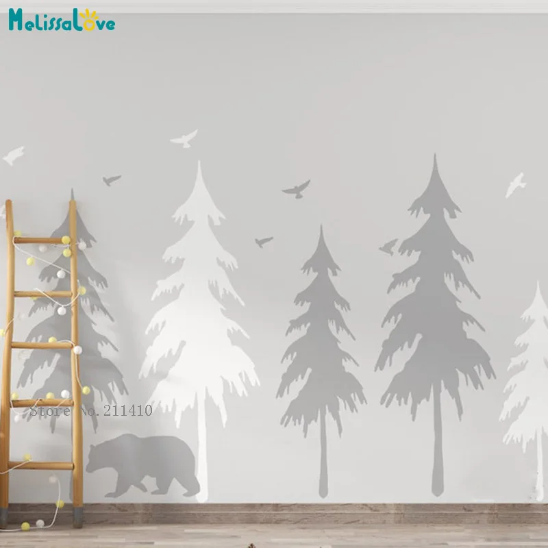 Lonely Bear in the Forest Nursery Tree Wall Stickers Pine Tree with Birds Murals Nature Woodland Large Decals Removable YT6455