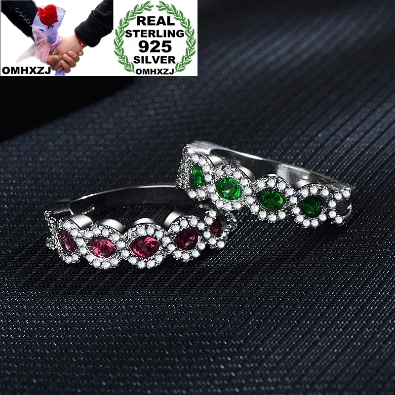 OMHXZJ Wholesale European Fashion Woman Girl Party Birthday Wedding Gift Shiny Red Green Zircon 925 Stering Silver Ring RR1034