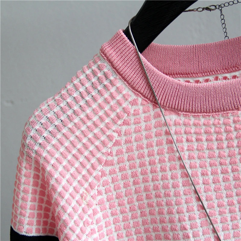 Knit Plaid Summer Short Sleeve Striped Pullover Women Sweater Knitted 2024 Sweaters Tops Korean Fashion Pull Femme Jumper Female