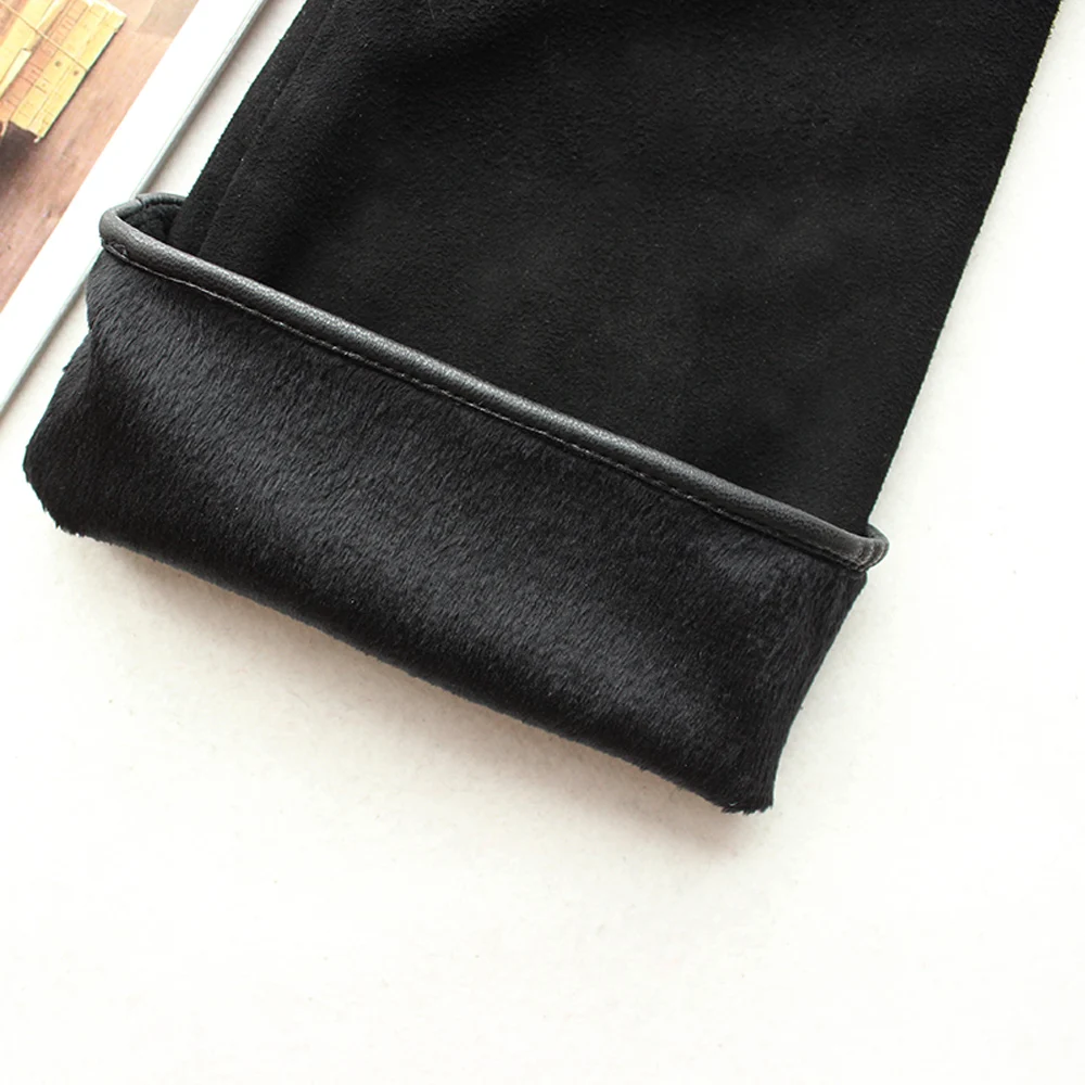 New Women\'s Long Suede Leather Gloves Black Straight Velvet Lining Outdoor Cold And Warm Leather Gloves