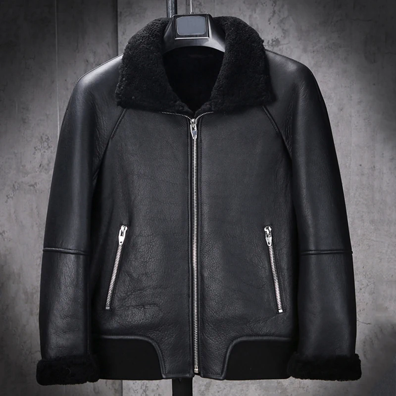 New Mens B3 Shearling Jacket Short Fur Coat Black Leather Jacket Business Casual Coat Natural Sheepskin Coat