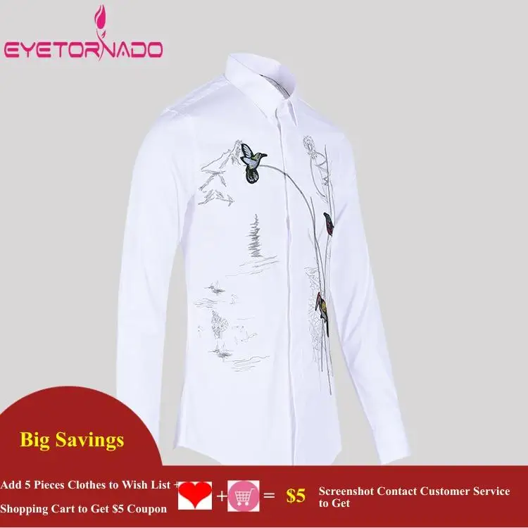 Flower and Bird Embroidered Shirts Men Long Sleeve Wedding Party Groom Dress Shirt White Gentlemen Streetwear Men Shirts 4XL