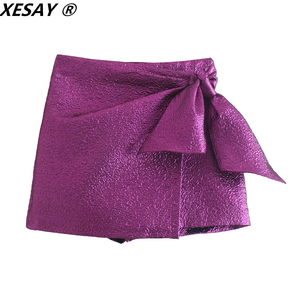 XEASY 2021 New Autumn Women Vintage Purple Bow Lady Pants Female Streetwear Slim High Waist Casual Chic Shorts Skirt Bottoms