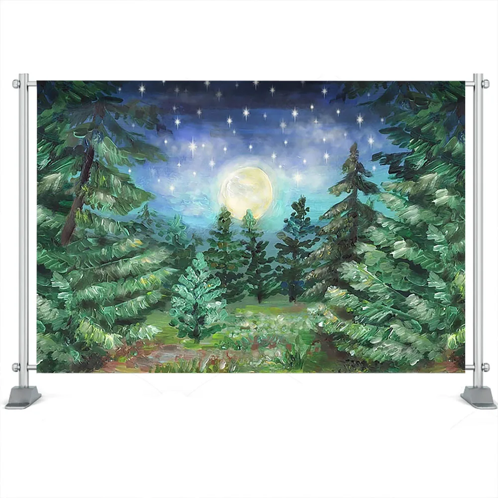 Fondo de fotografía de árbol de Navidad decorativo de noche oscura de luna grande de bosque fondo de fotografía de estrellas brillantes estudio fotográfico