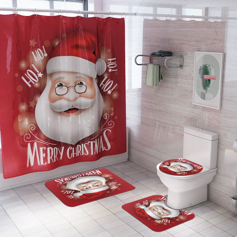 Christmas Toilet Mat with Shower Curtain, Santa Claus Carpet, Anti-slip Floor Mats Set, WC Cover Rugs, New Decorations