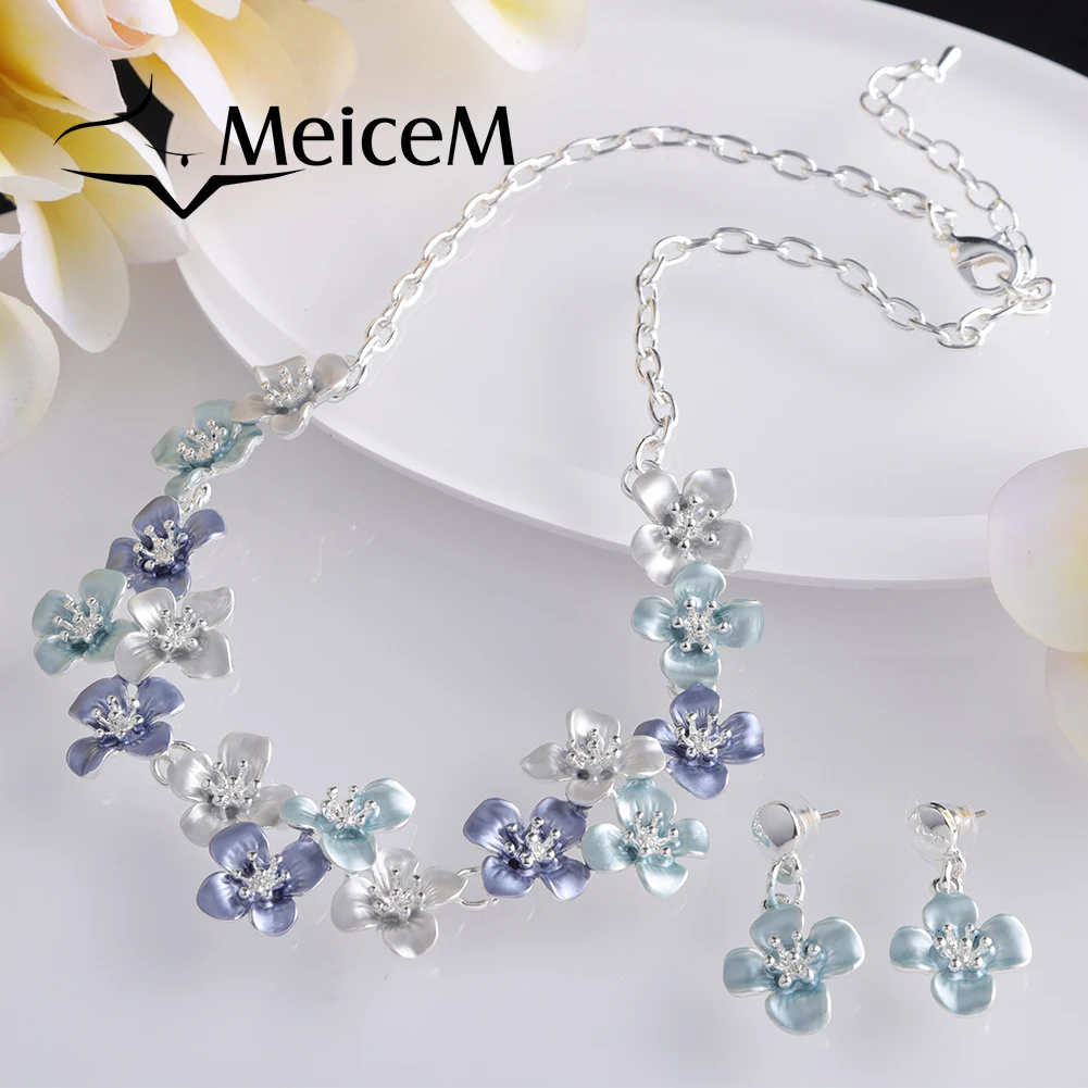 MeiceM Trendy Flowers Necklaces for Wedding Party Girls Gift Ornaments on the Neck Blue Enamel Chain Choker Pendant Necklace