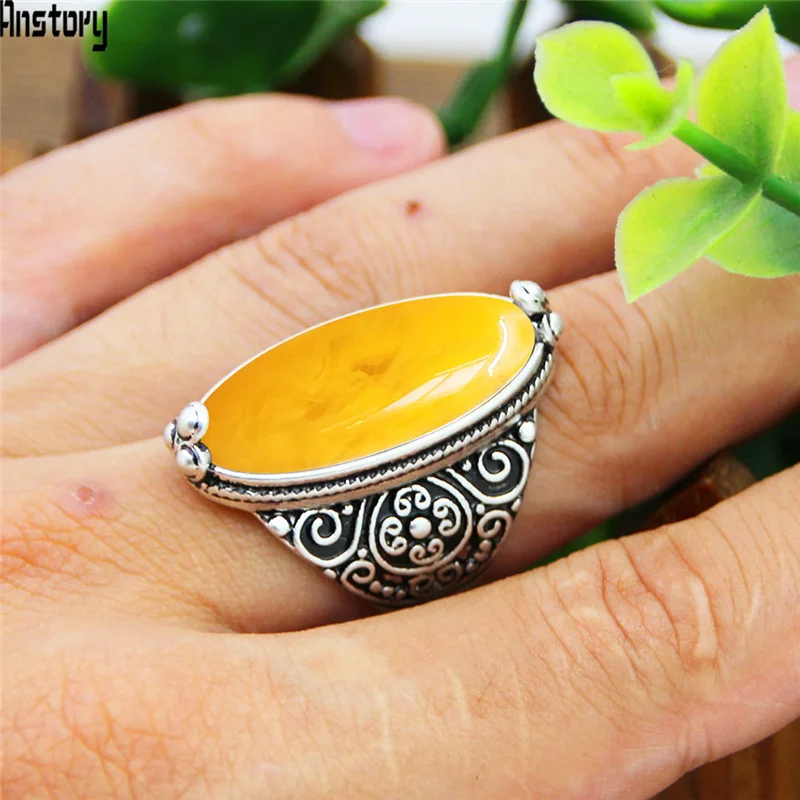 Vintage Eye Shape Synthetic Beeswax Rings For Women Real Antqiue Silver Plated Flower Resin Stone Fashion Jewelry Ring кольца